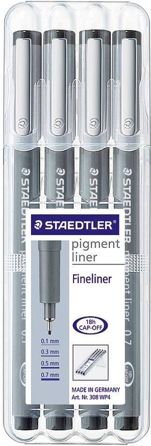 Four black Staedtler Fineliner pens in a plastic packaging, sizes: 0.1 mm, 0.3 mm, 0.5 mm, 0.7 mm, Made in Germany.