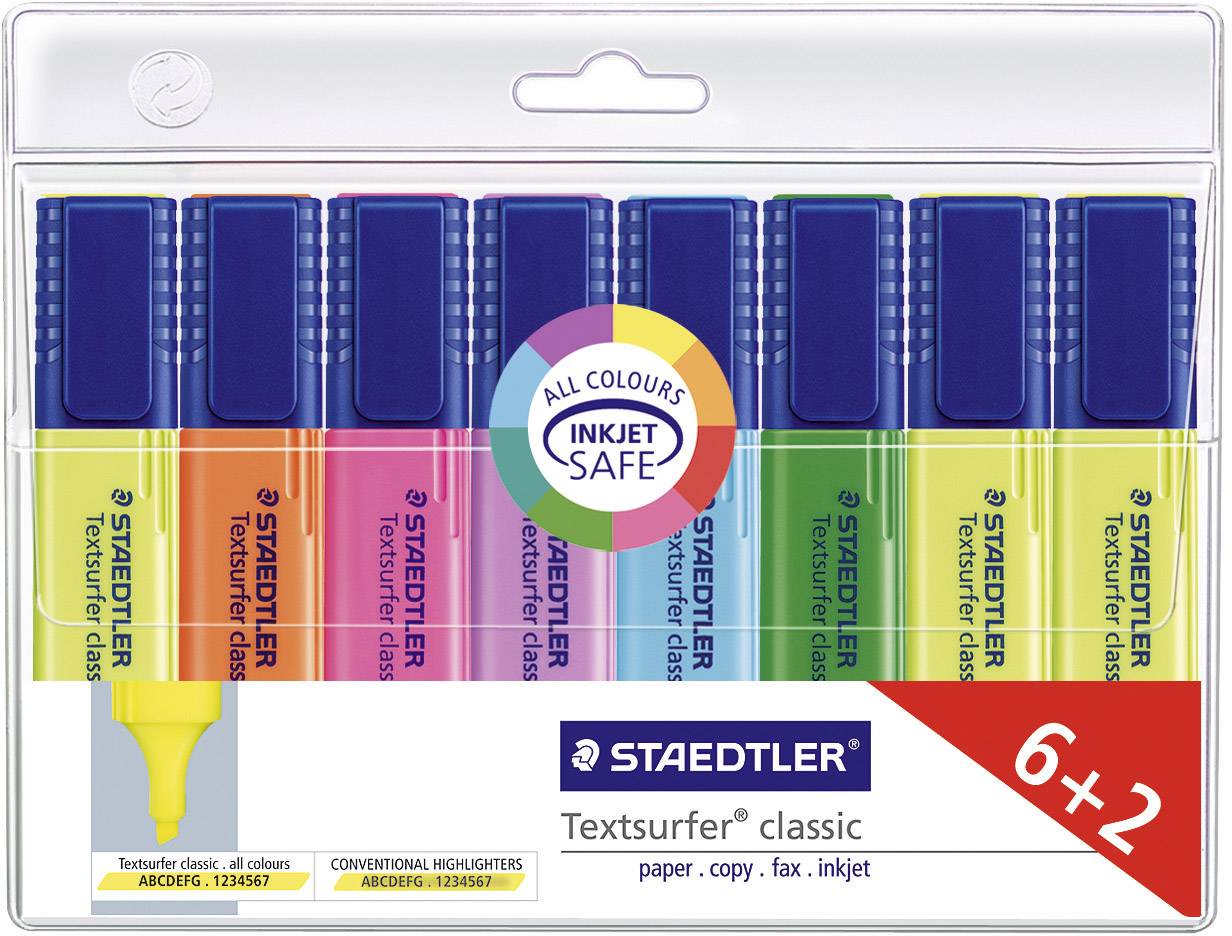 Colourful set of eight STAEDTLER Textsurfer classic highlighters, suitable for paper, copies and faxes. Includes 6+2 offer.