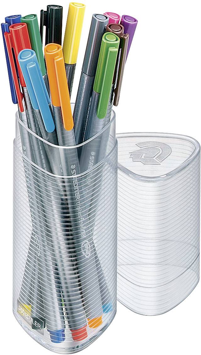 A container with colourful felt-tip pens in various colours. The container has a lid and stands upright.