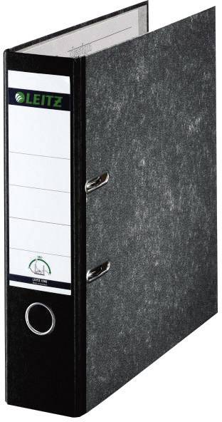 A standing black Leitz ring binder, open, with two metal rings and a label field on the spine, against a white background.
