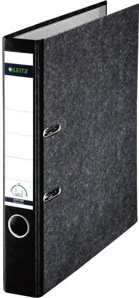 A black lever arch file with two metal rings and a side label strip. Suitable for document storage in the office.