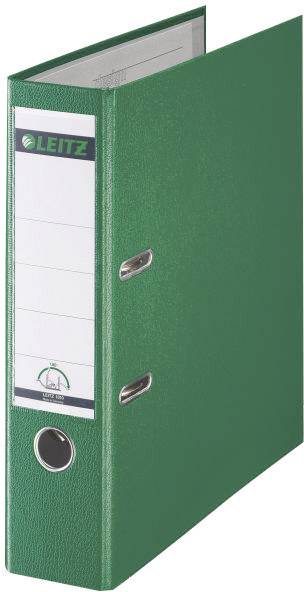 Green lever arch file with two metal levers, 'Leitz' brand name printed on the spine label. Suitable for storing documents.