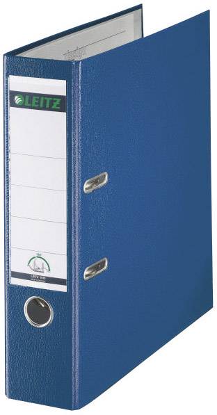 A blue lever arch file with a label window, standing upright.