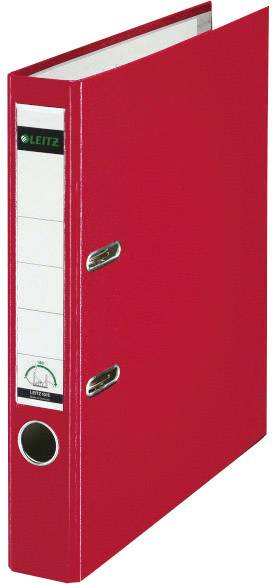 Red folder with silver clips and a labelling sticker on the side.