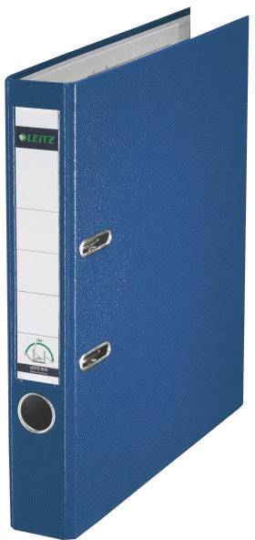 A blue lever arch file with two silver rings and a white label on the spine, standing on its edge.