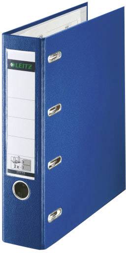 A blue folder with a label and lever mechanism, standing, for storing documents.