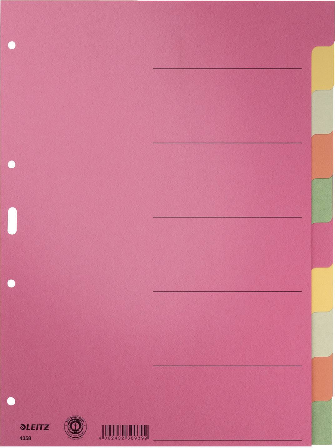 A pink folder divider with five coloured, labellable tabs and holes for filing in a ring binder.