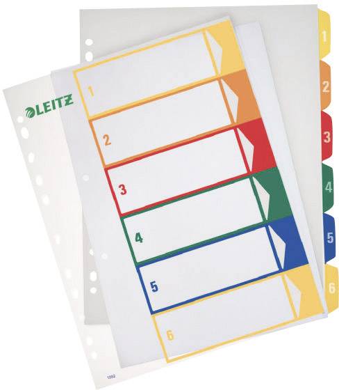 Register with six coloured tabs and white writing fields, numbered from one to six, made of plastic. Punched on the right-hand side for ring binders.
