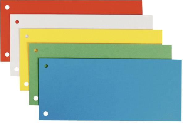 Five differently coloured divider tabs in red, white, yellow, green, and blue with holes along the left edge.