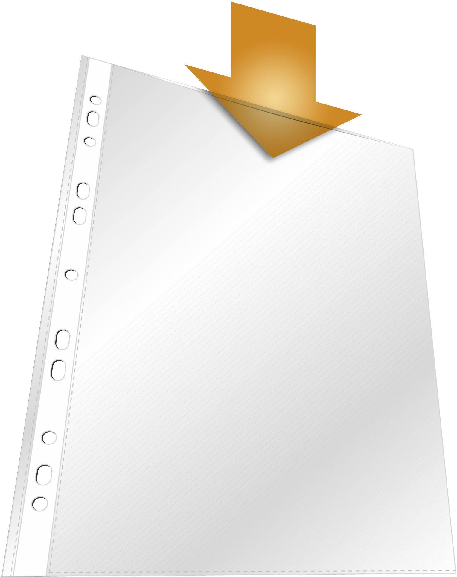 Clear plastic sleeve with an orange arrow above, pointing to the top edge.