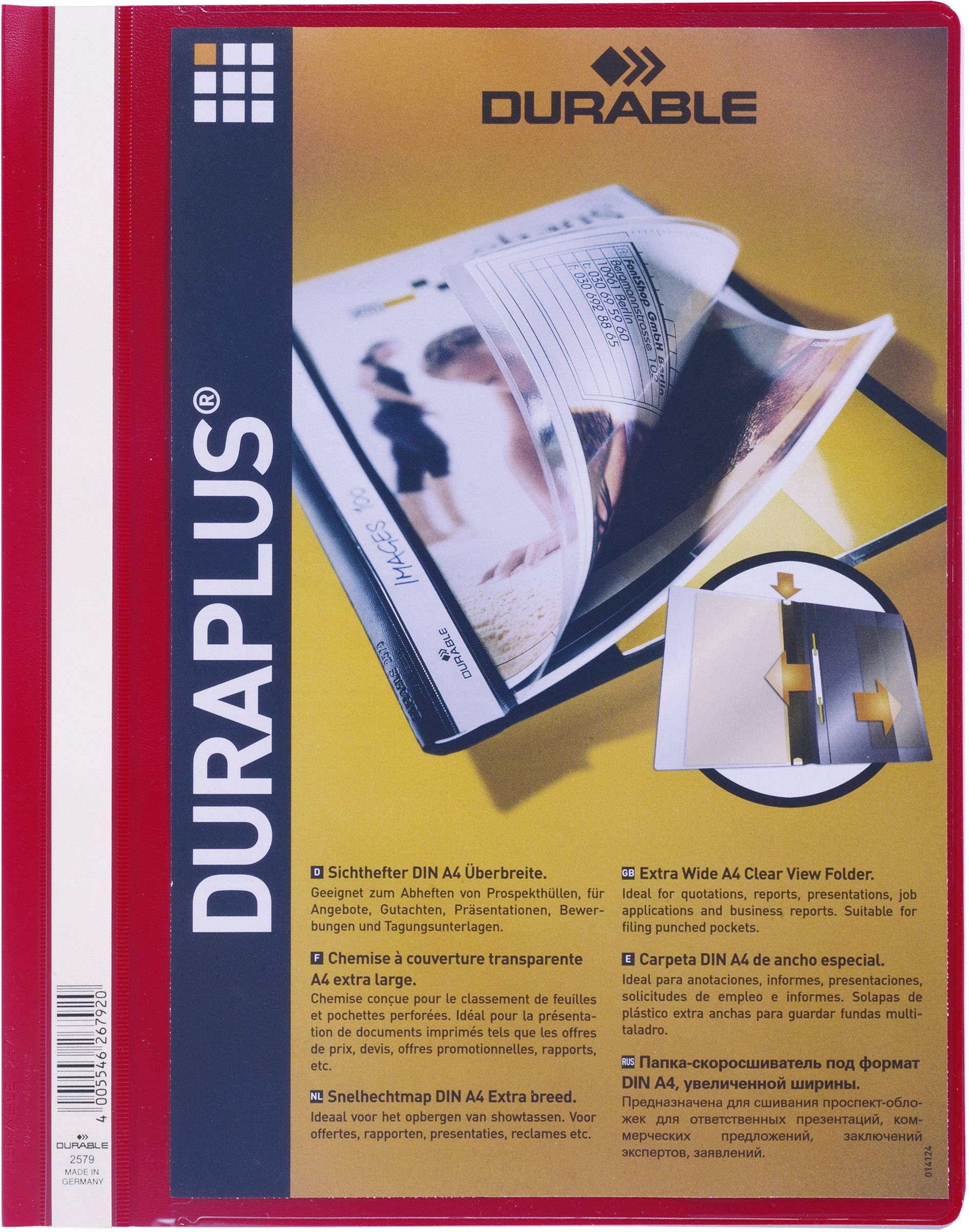 The image shows a yellow brochure about 'DURAPLUS' lever arch files. It highlights safety features and versatility in multiple languages.