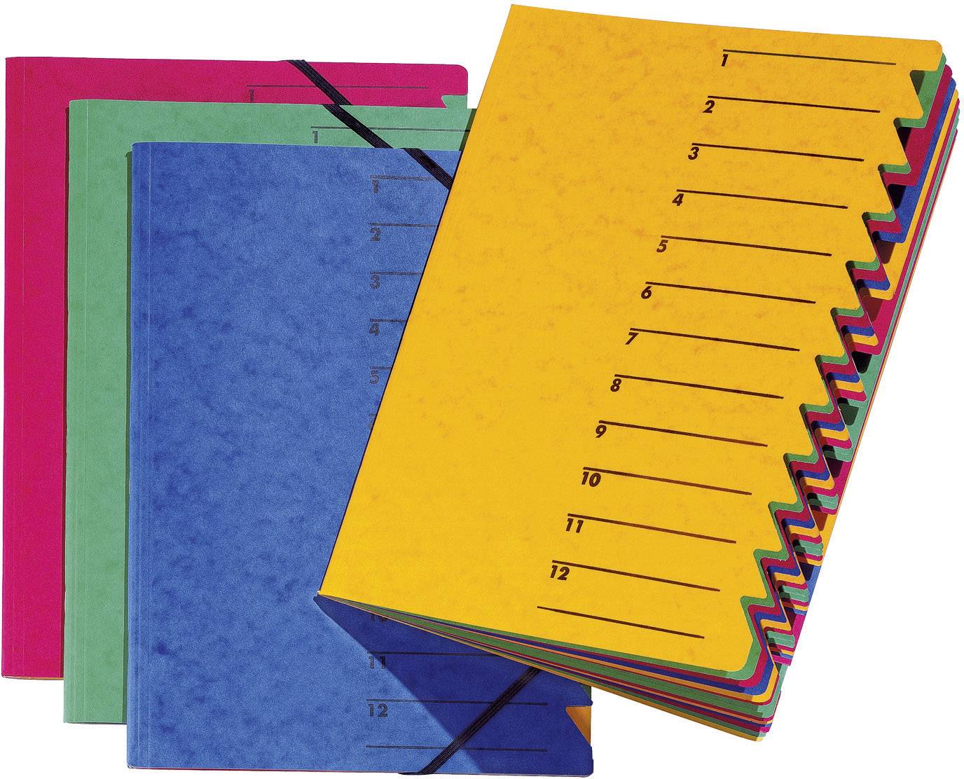 Multi-coloured set of ring binders, colour-coded. In the foreground, a yellow folder displaying numbered dividers.