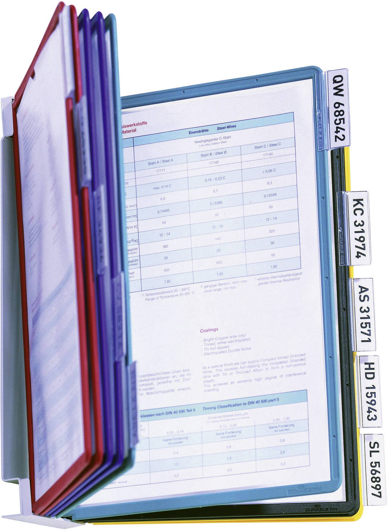 An open document folder with multiple coloured divider tabs displays tables with data and text on the visible pages.