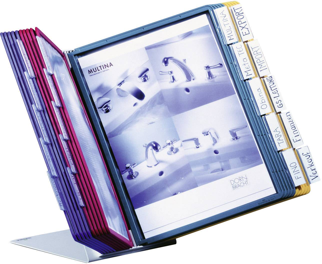 A table display with multiple coloured compartments. Each compartment contains information on different topics such as 'FINO' and 'EXPORT'.