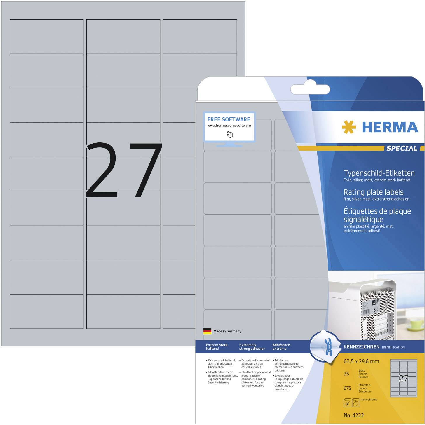 Label sheet with 27 grey nameplate labels and packaging. Text on packaging: 'Nameplate Labels', 'Free Software', 'Made in Germany'.