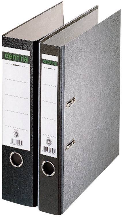 Two grey folders with label spaces marked 'centra', positioned upright.