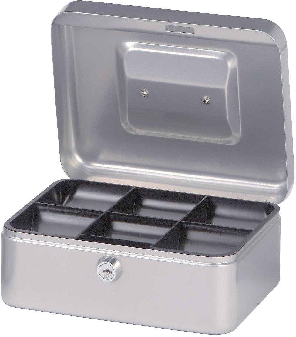 Open silver metal cash box with six compartments and a lock on the front, standing on a table.