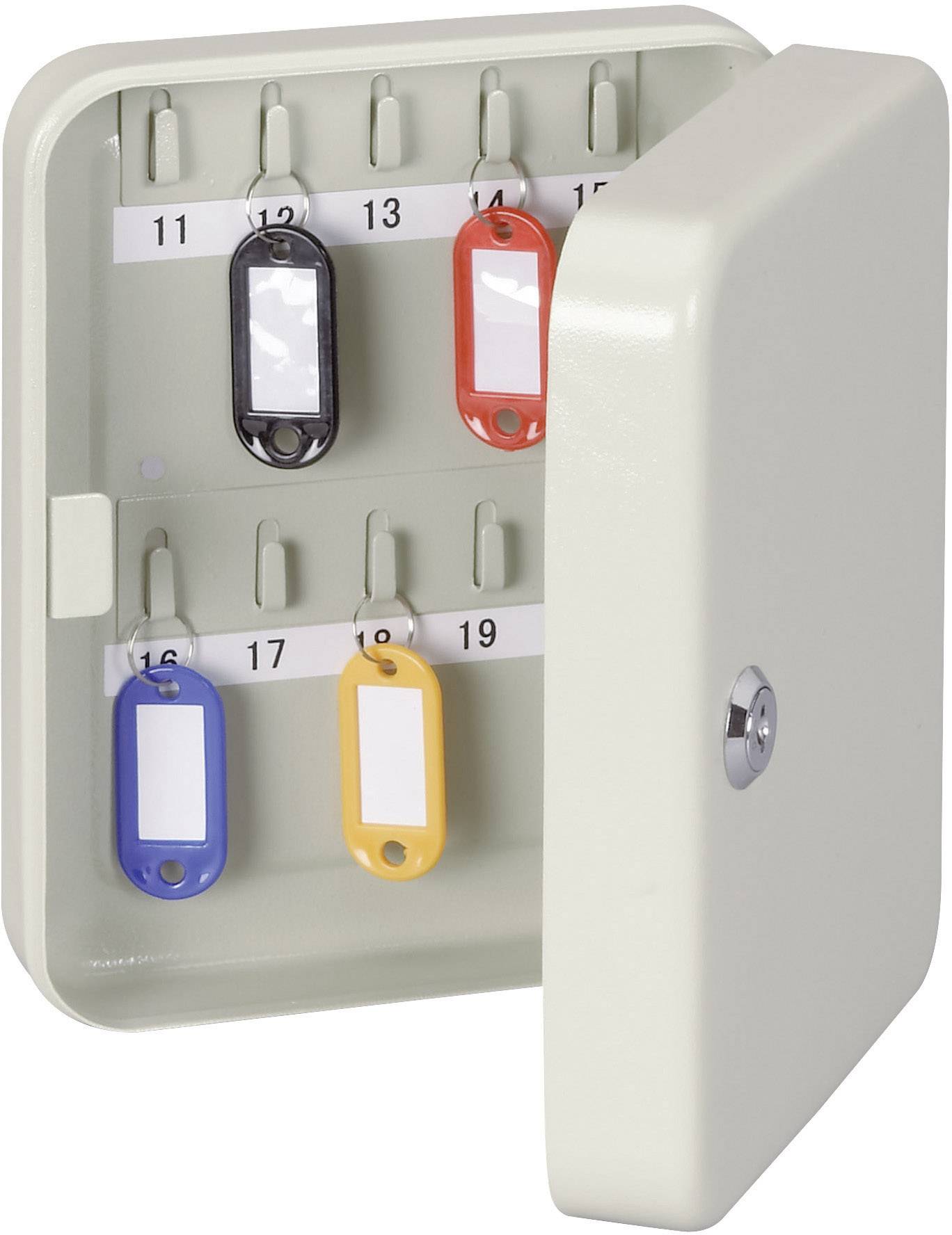 Key cabinet with an open door, showing five hooks with labelled key fobs in different colours.