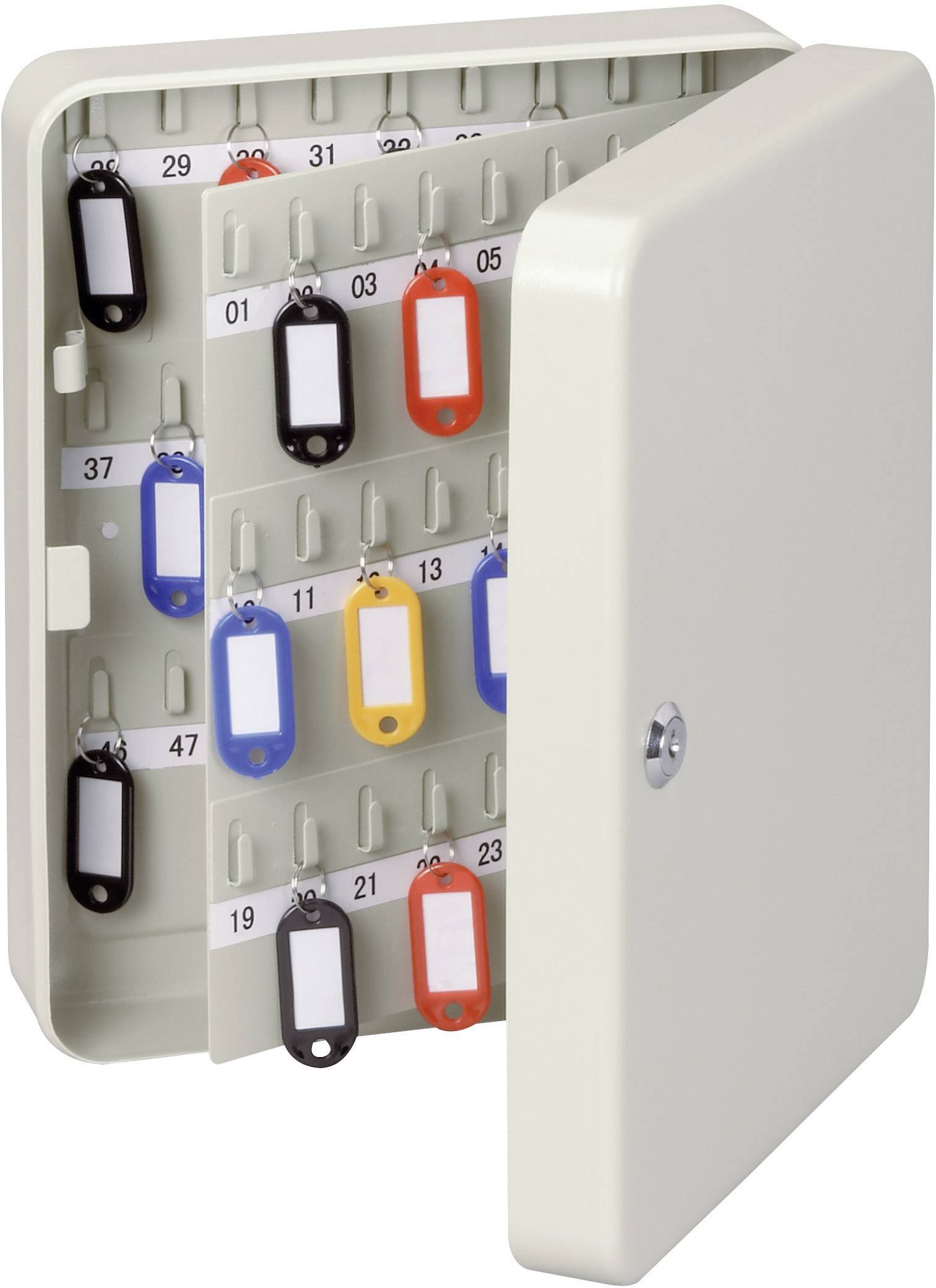 An open key cabinet with numbered hooks and colour-coded key tags, neatly arranged.