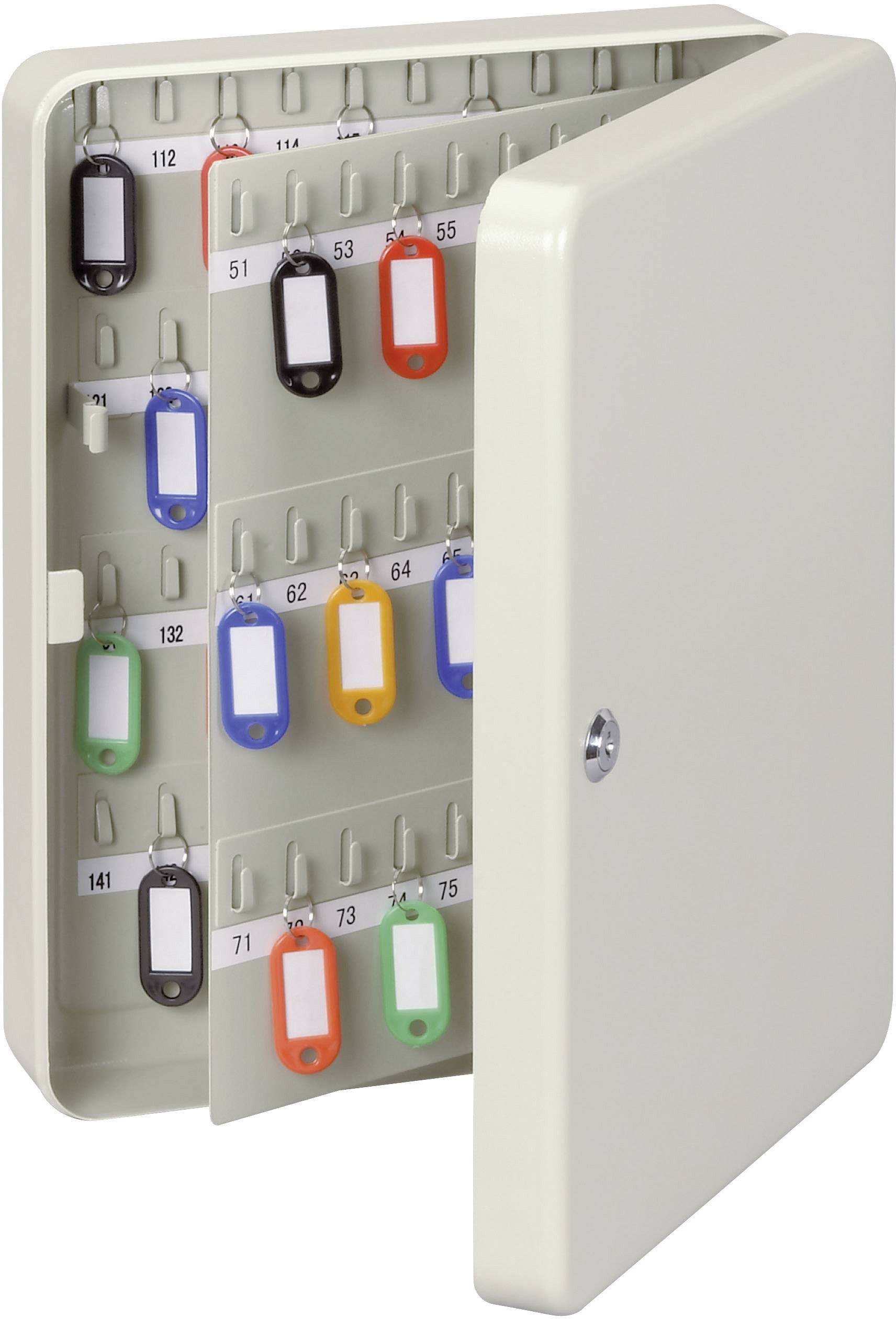 An open key cabinet with several labelled key fobs in different colours, neatly arranged on hooks.