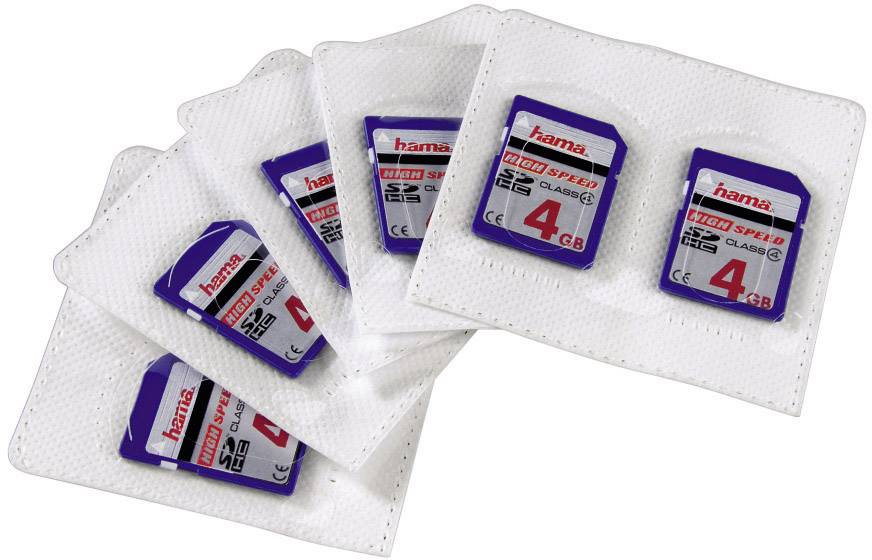 Five memory cards from Hama, each with 4 GB, arranged in a single layer on a white background. Each card is packaged in plastic.