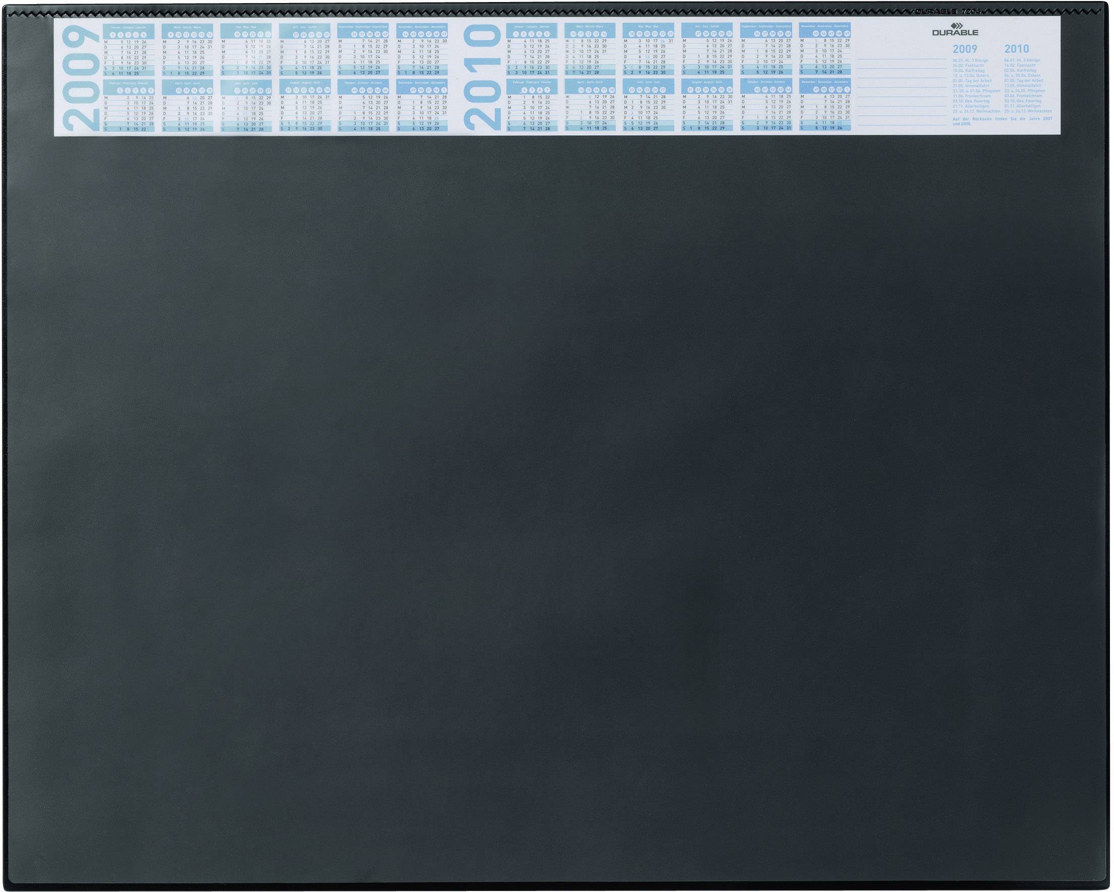 A black desk blotter calendar shows the years 2009 and 2010 with small monthly overviews at the top.