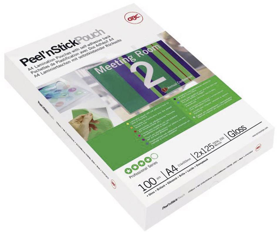 Packaging for an A4 adhesive film pouch. Contains 100 glossy films, 125 micrometres thick. Image demonstrates application for signage 'Meeting Room 2'.