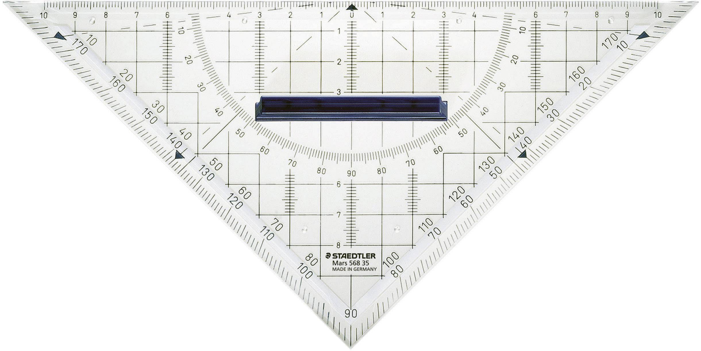 Triangle ruler with protractor, degree markings, parallel lines, and measurement scale. Suitable for precise drawing and measuring.