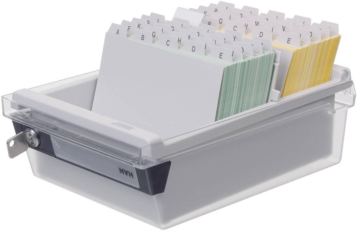 A transparent card file box with alphabetically sorted index cards from A to Z. Ideal for organising and storing information.