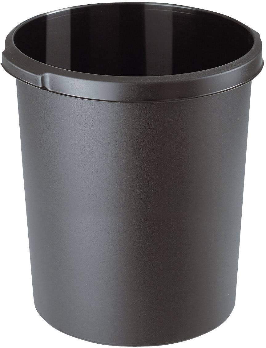 A black, cylindrical plastic bin on a white background.