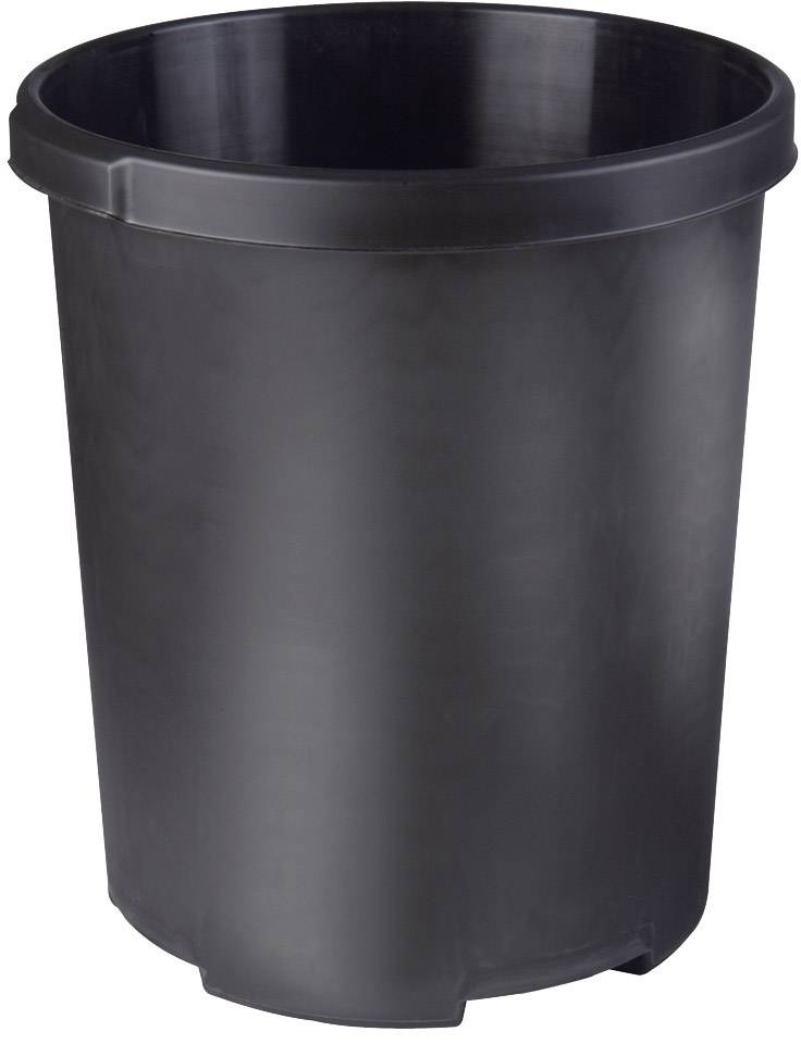 A black plastic dustbin in a cylindrical shape, without a lid and handles.