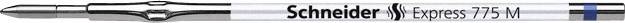 A silver ballpoint pen with a blue cap and black tip. On the pen it reads: 'Schneider Express 775 M'.
