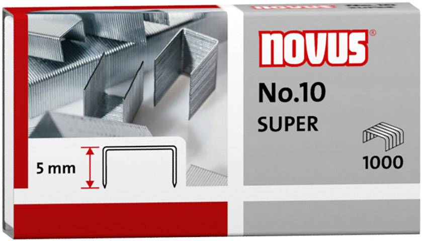 Packaging of Novus staples, Type No. 10, Super, 5 mm height, 1000 pieces. Illustration of metal staples.