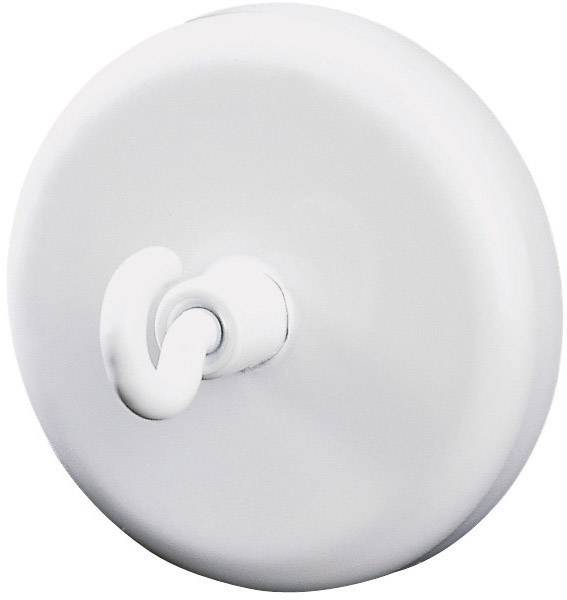 A round, white wall hook with a simple, smooth surface.