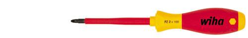 A screwdriver with a red handle and black tip, yellow element with inscription 'PZ2 100', brand name 'wiha' on the handle.