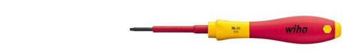 A red and yellow screwdriver with an insulated handle lies on a white background.