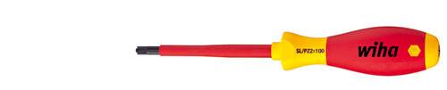 A red and yellow screwdriver with a slotted blade. The handle displays the 'wiha' inscription.