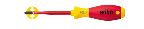 A red and yellow screwdriver with an ergonomic handle and manufacturer's logo, suitable for cross-head screws.