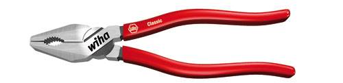 A red combination pliers with 'wiha' printed on the handle, suitable for gripping and cutting tasks. With a serrated jaw on the left side.