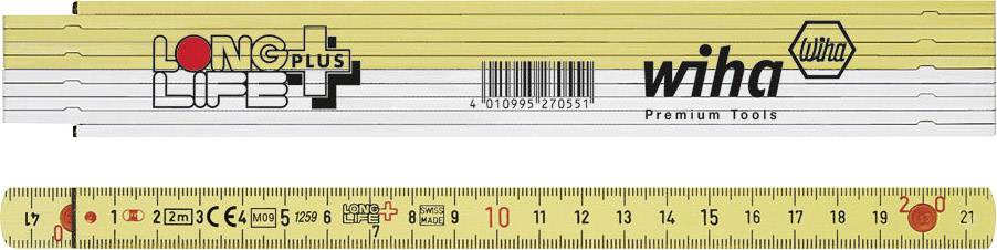 A yellow folding ruler with markings for inches and centimetres. 'Wiha' and 'Longlife Plus' brand logos are visible.