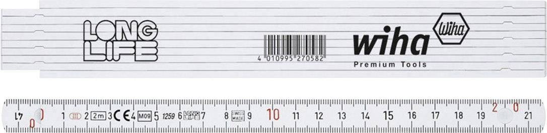 Two folding rulers, one displaying the 'LONG LIFE' and 'Wiha Premium Tools' logo, the other showing the metric measurement scale from 1 to 21 cm.