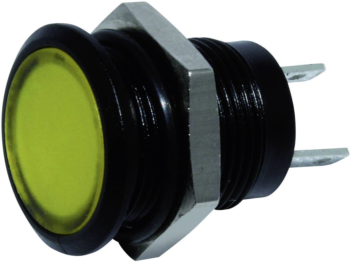 Yellow push button with a black housing and metal thread, side view, showing two electrical connections.