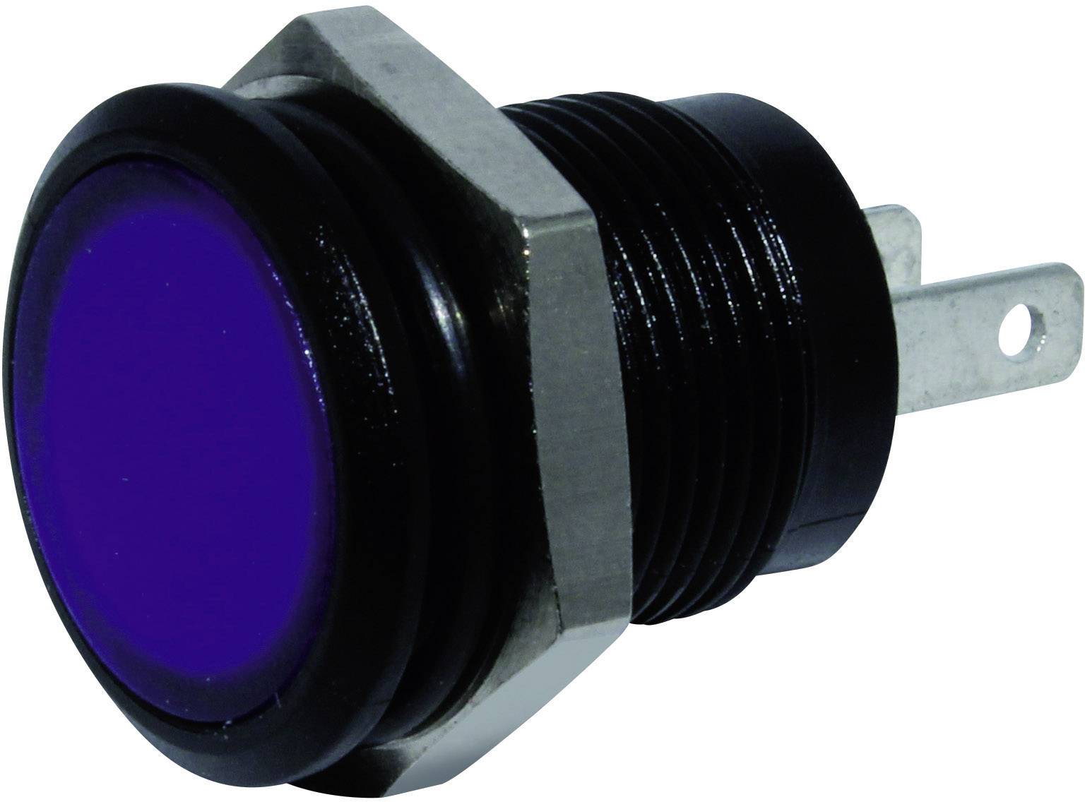 A round, purple push button with metal threading and two connections on the rear, suitable for electronic devices.