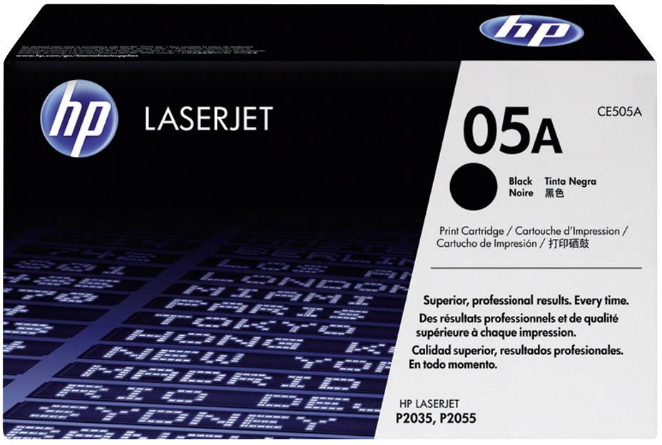 Black HP LaserJet 05A printer cartridge. Compatible with P2035 and P2055 models. Packaging emphasises high print quality.