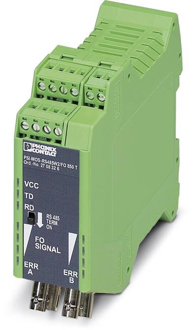 A green industrial device for RS-485 and fibre optic signal conversion, model number PSI-MOS-RS485W2/FO 850 T by Phoenix Contact.