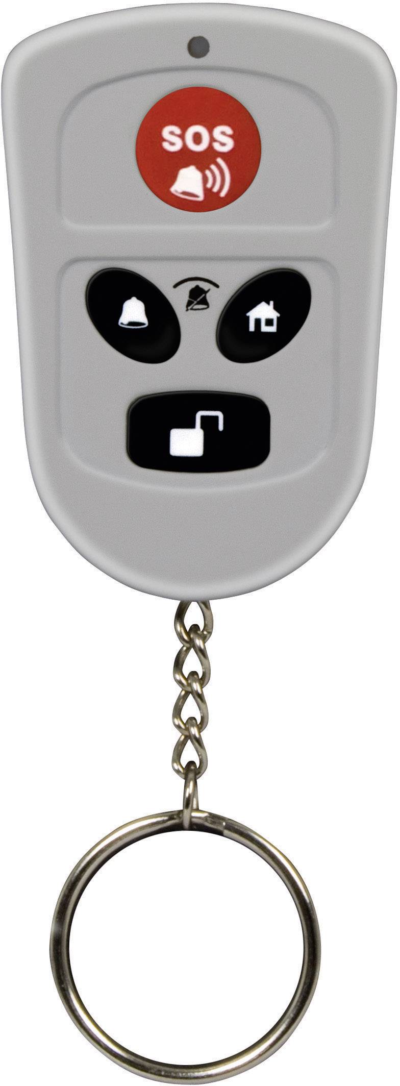 A grey remote control key fob with a red 'SOS' button on top and three black function buttons underneath.