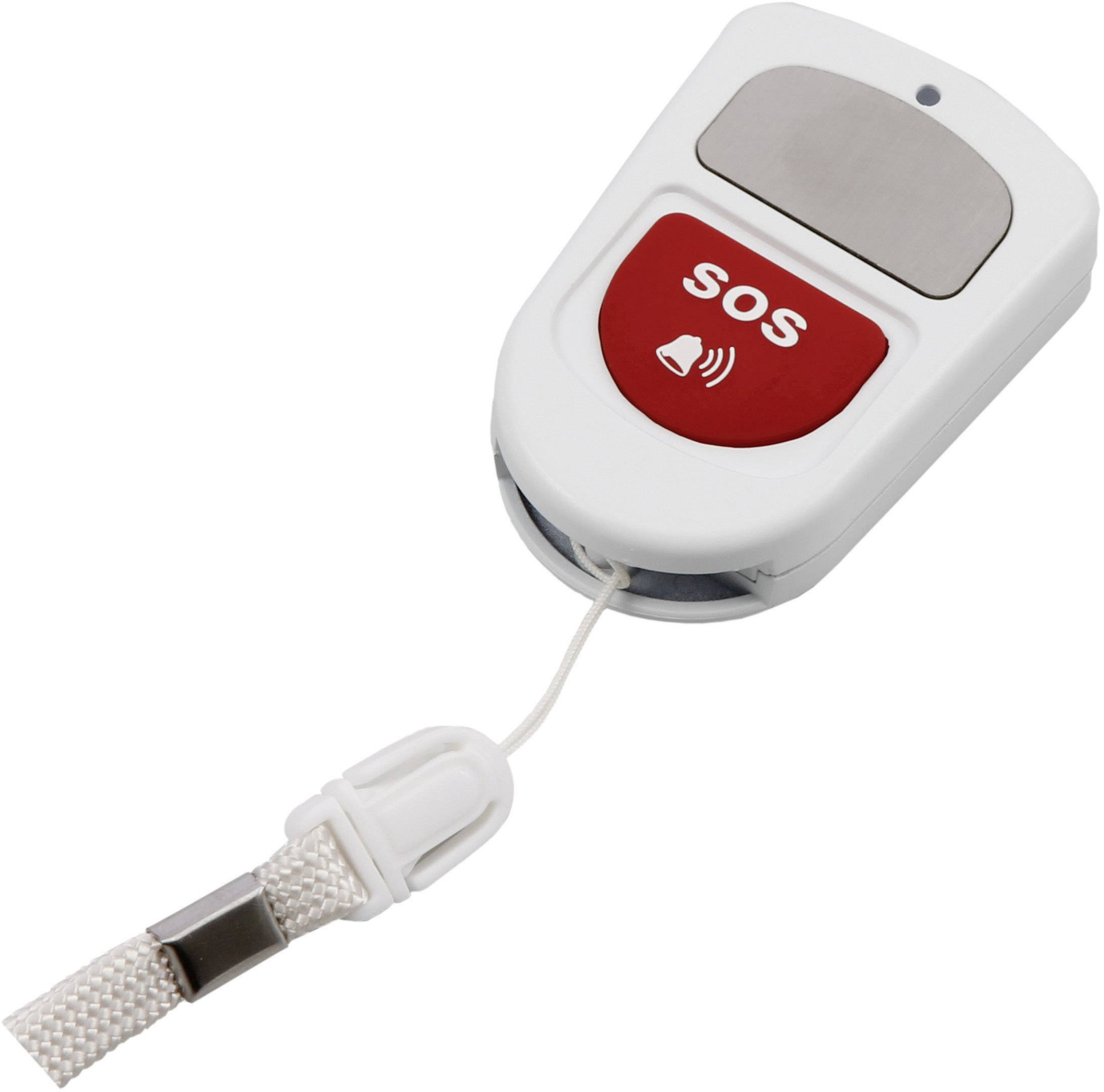 Portable alarm button with a red 'SOS' symbol and bell motif, attached to a white lanyard, for rapid request of assistance.