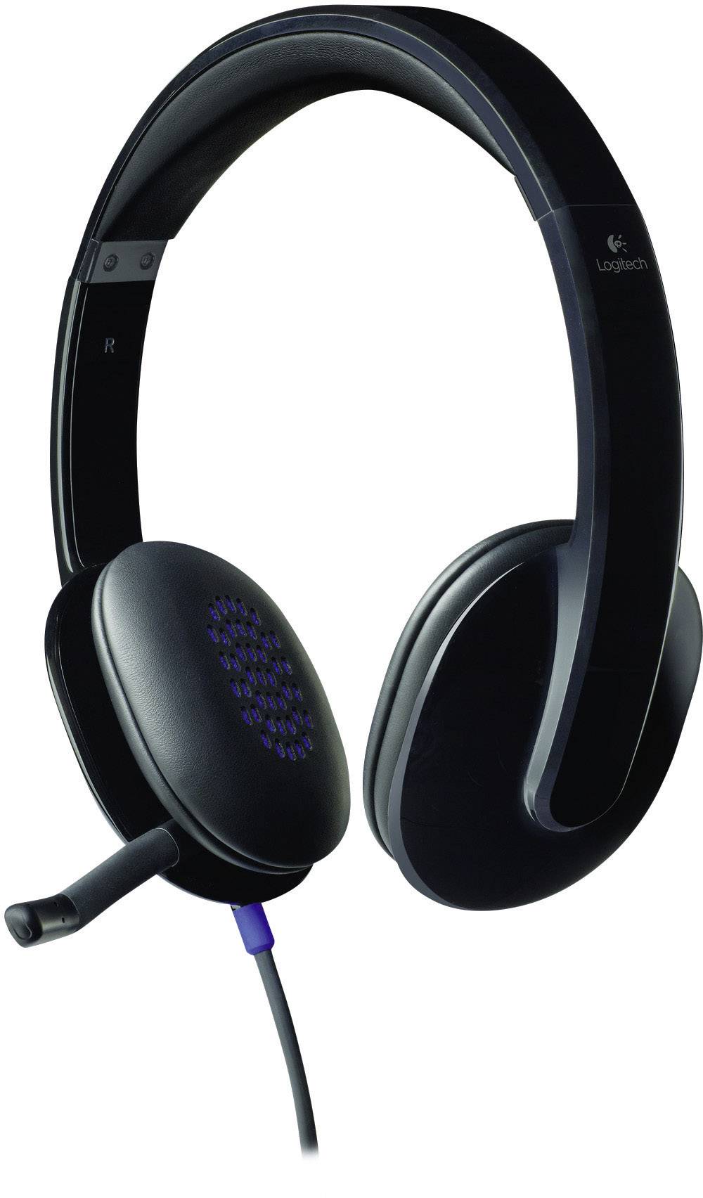 Black headset with microphone arm, suitable for computer or telephone applications, displays Logitech logo on the side.