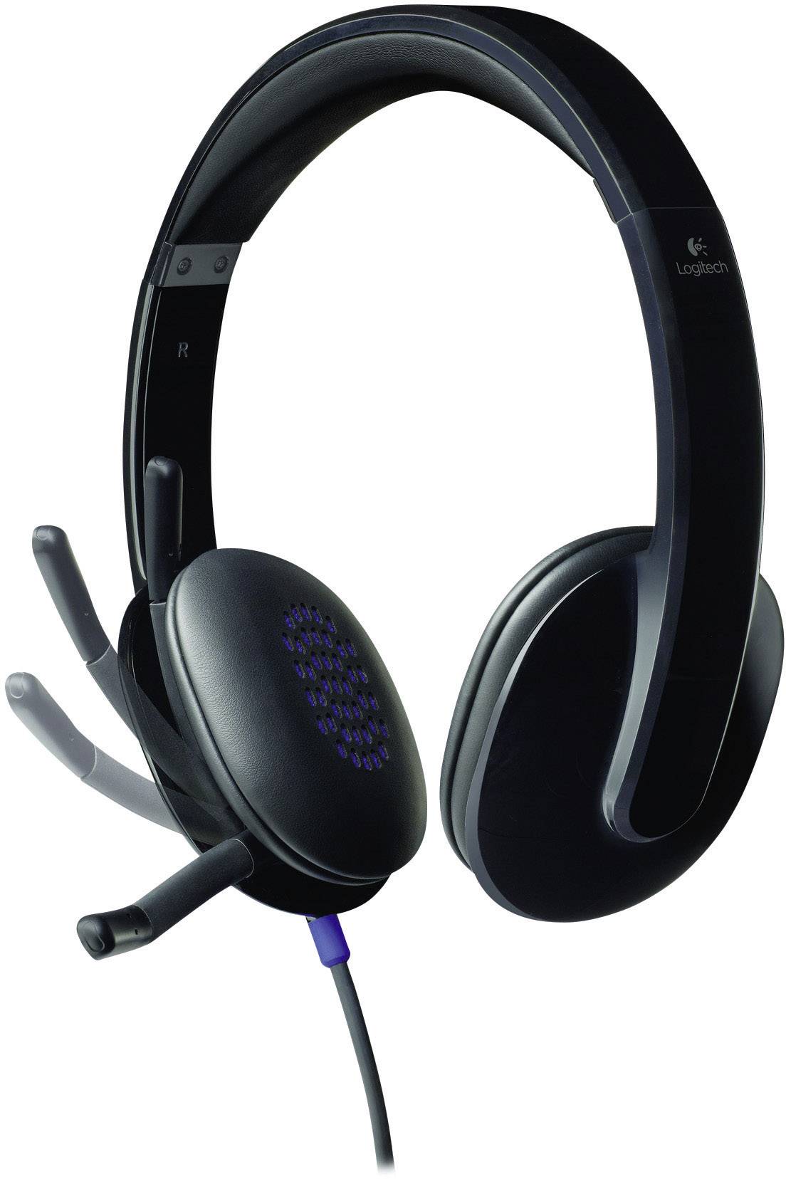 Black headset with adjustable microphone boom, suitable for communication and gaming; illuminated logo on ear cup.