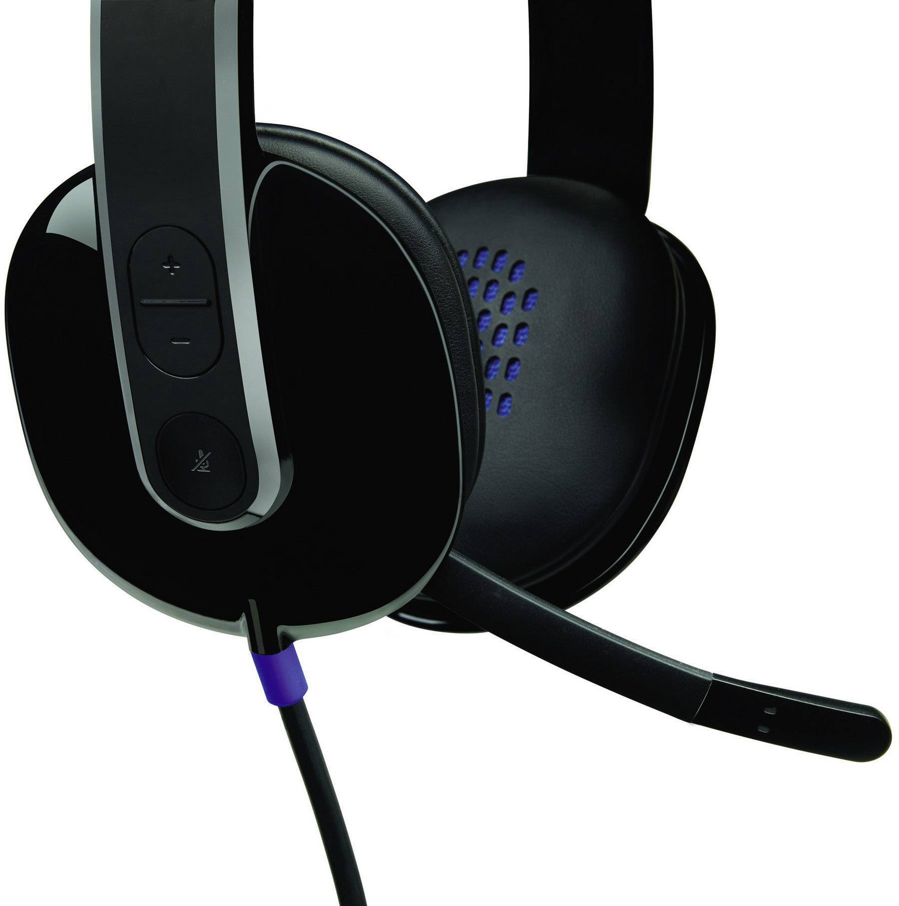 Black over-ear headset with microphone on the left side, volume control and mute button on the ear cup, wired.